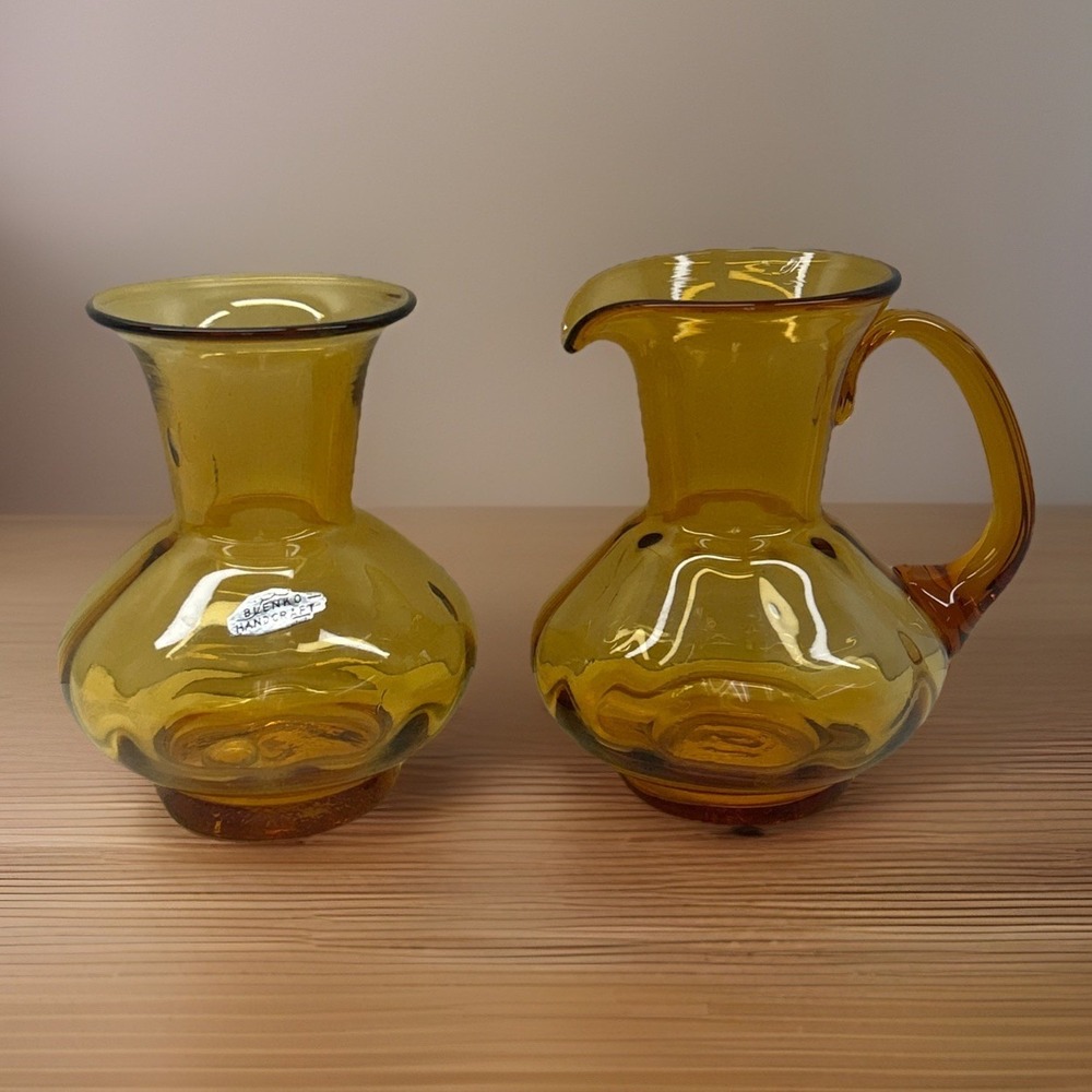 MCM Vintage Blenko Amber Glass Pitcher &‎ Vase Set Handcrafted Art Glass